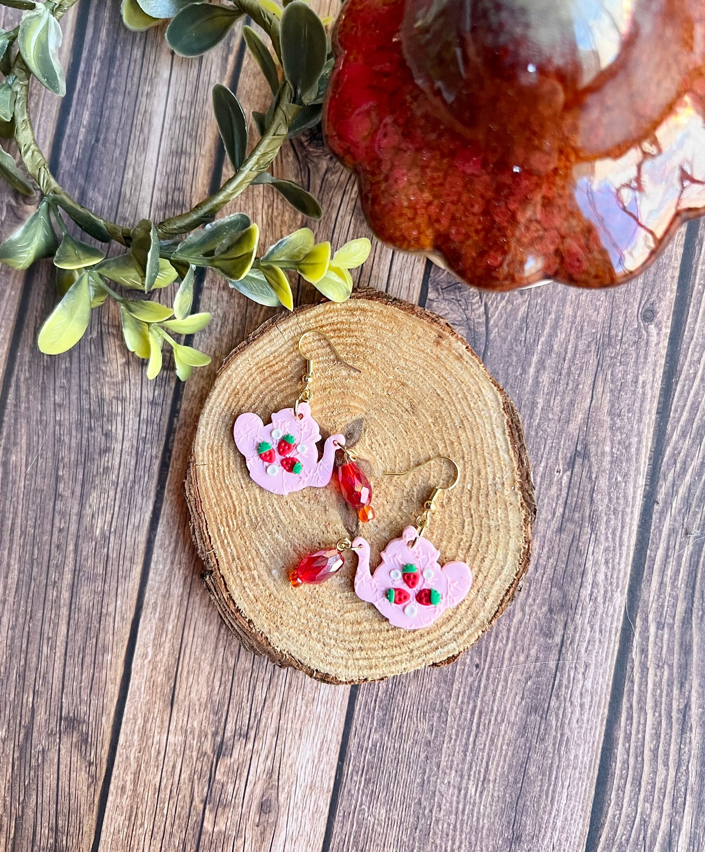 Tea Pot Earrings - Pink Strawberries