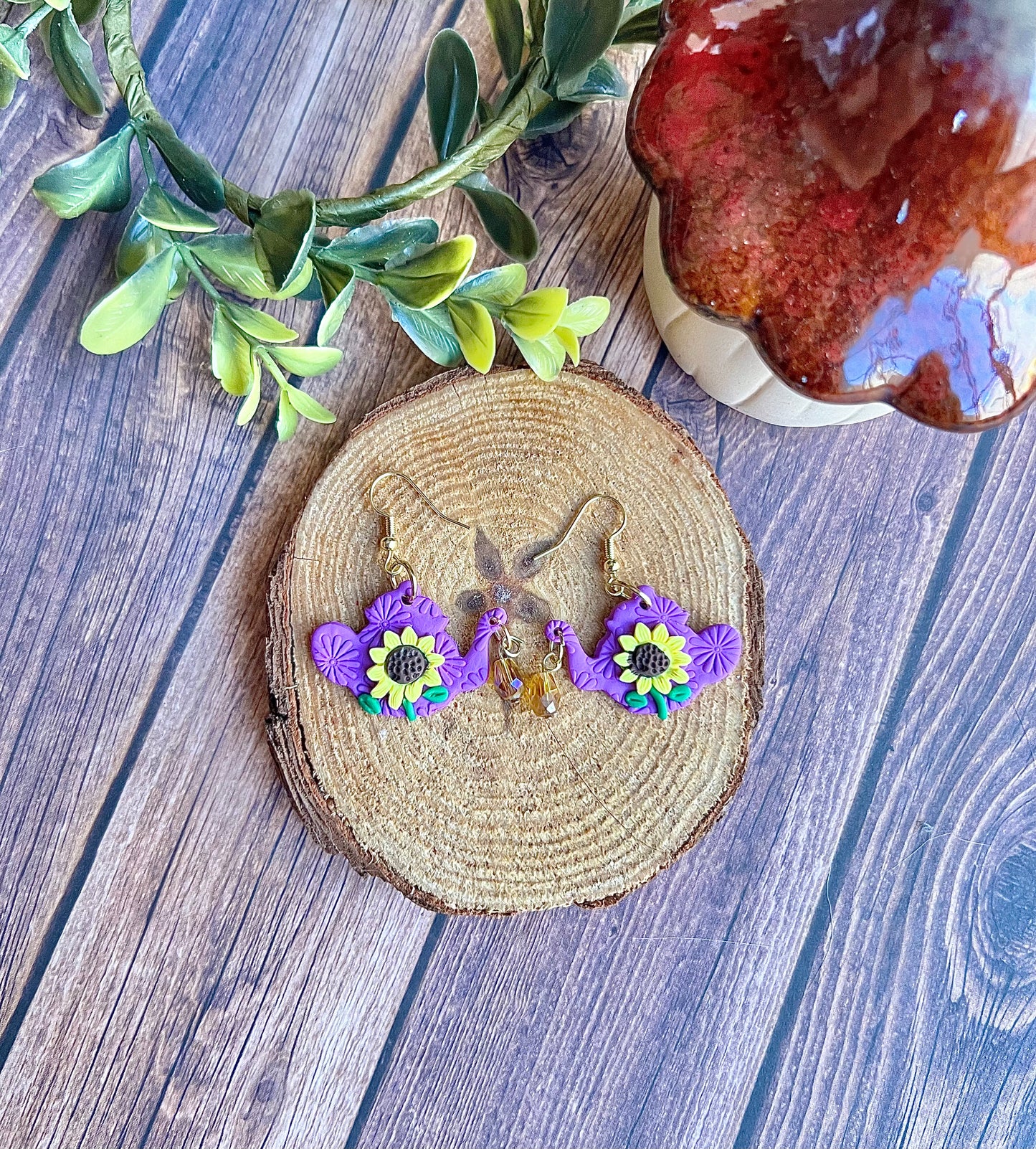 Tea Pot Earrings - Purple Daisies